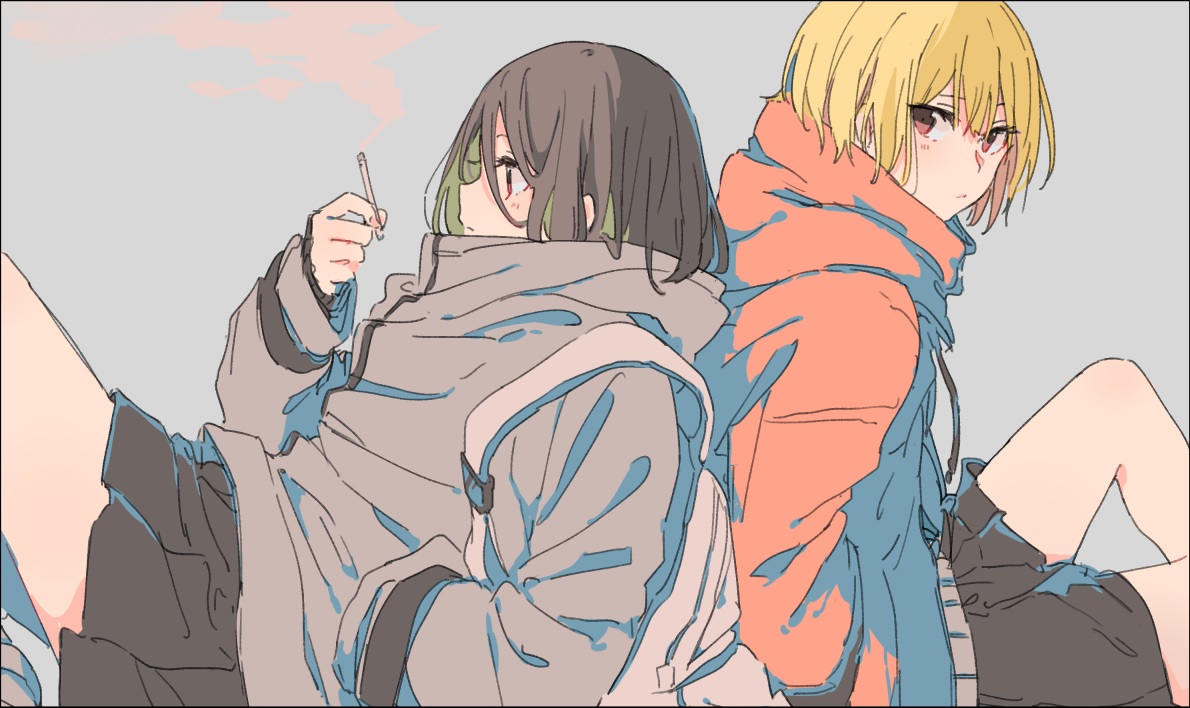 2girls, blonde_hair, brown_hair, cigarette, hood, monsieur, original, red_eyes
