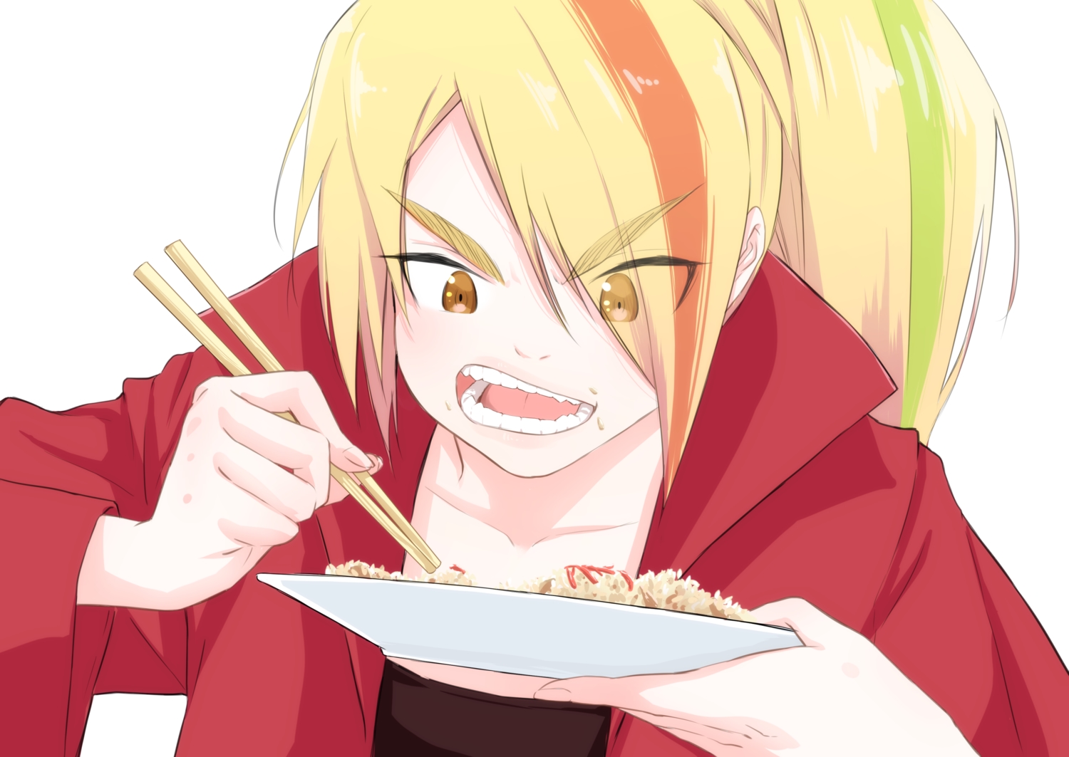 blonde_hair, brown_eyes, close, food, long_hair, nikaidou_saki, oze_(xyz_go_go11), ponytail, white, zombie_land_saga