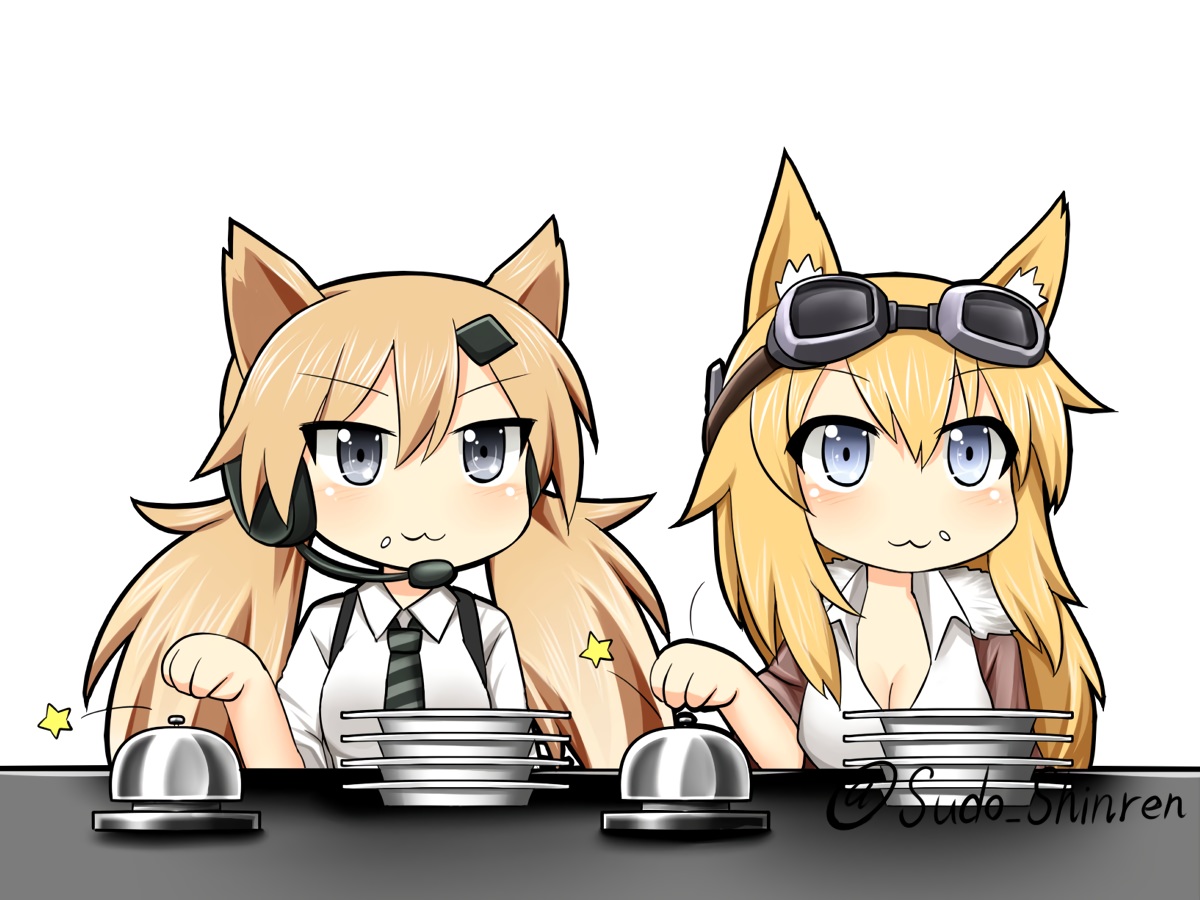 2girls, animal_ears, anthropomorphism, blonde_hair, blue_eyes, breasts, catgirl, cat_smile