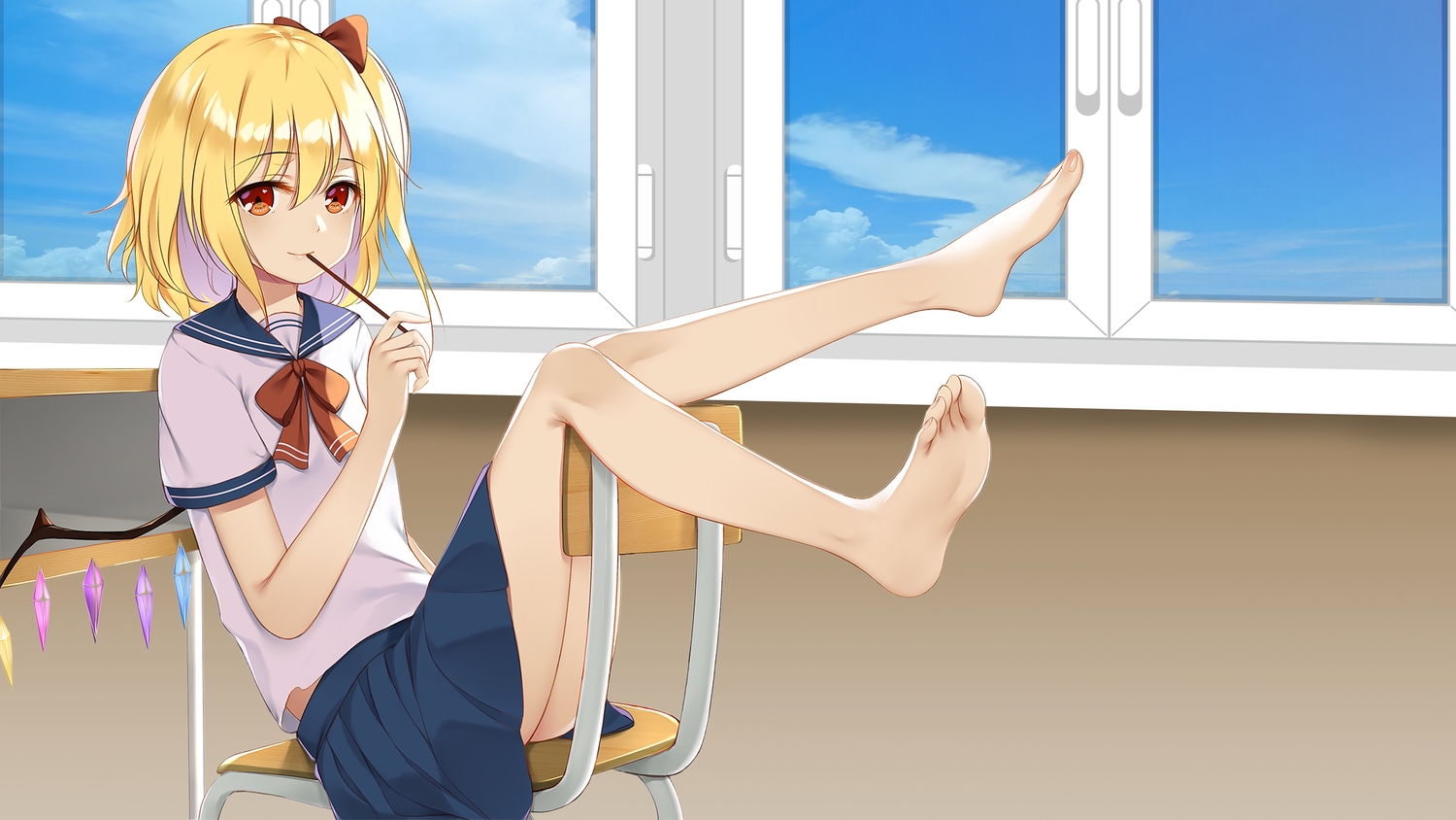 barefoot, flandre_scarlet, flan_(seeyouflan), food, pocky, school_uniform, third-party_edit, touhou