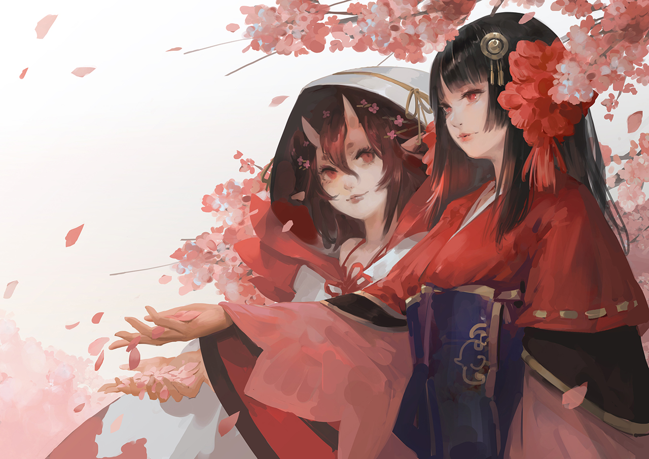 2girls, black_hair, brown_hair, cherry_blossoms, flowers, hood, horns, japanese_clothes