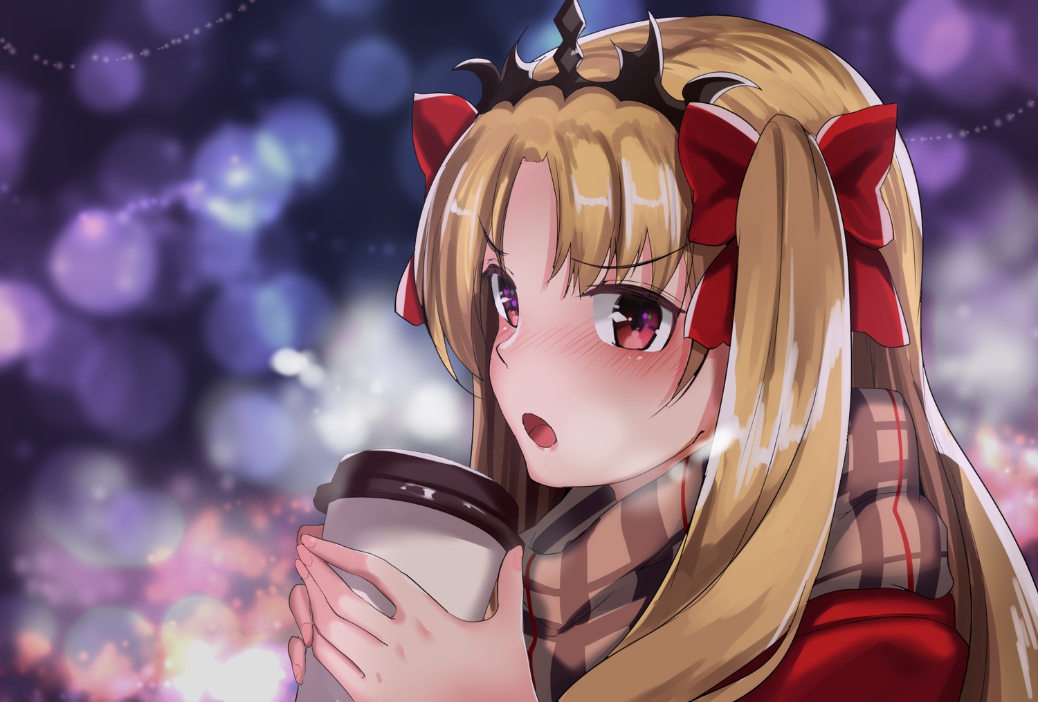 abi_(abimel10), blonde_hair, blush, close, drink, ereshkigal_(fate/grand_order), fate/grand_order, fate_(series), headdress, long_hair, red_eyes, scarf, twintails