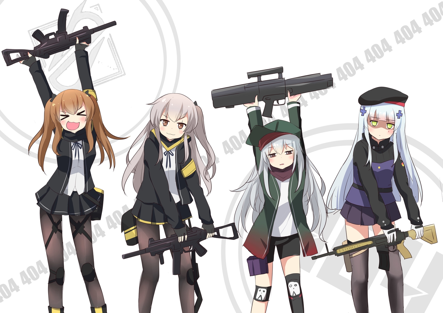 anthropomorphism, bike_shorts, blue_hair, brown_eyes, brown_hair, cat_smile, fang, g11_(girls_frontline)