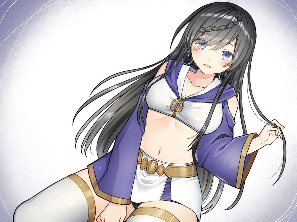 black_hair, blue_eyes, braids, gradient, kurata_rine, long_hair, navel, original