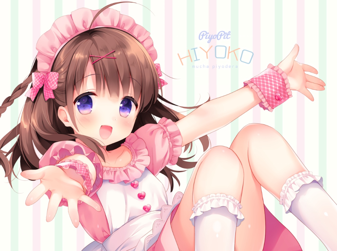 apron, blush, braids, brown_hair, headdress, kneehighs, loli, long_hair