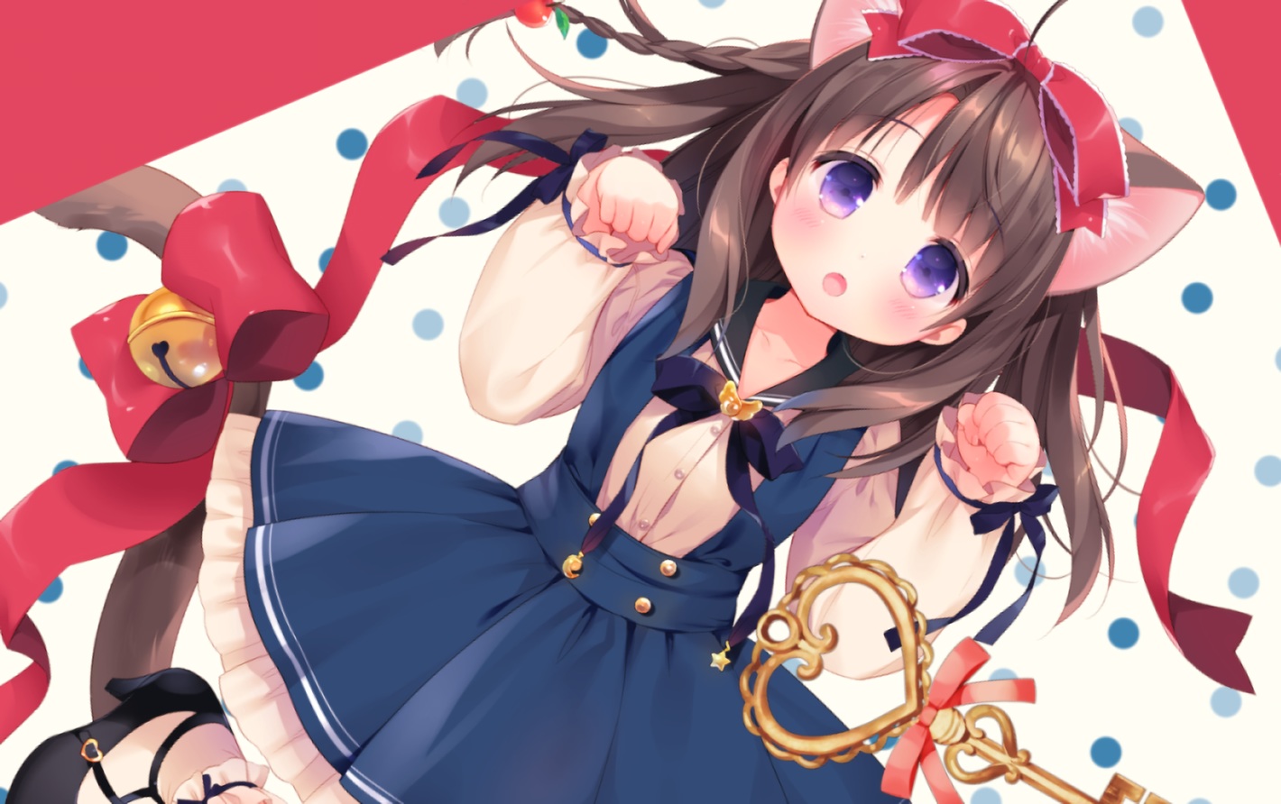 animal_ears, bell, blush, bow, brown_hair, catgirl, dress, headdress
