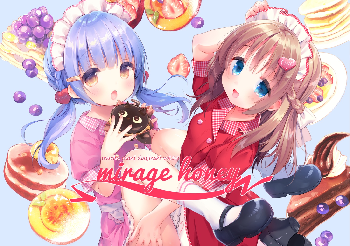 2girls, apron, aqua_eyes, blue_hair, braids, brown_hair, cake, candy