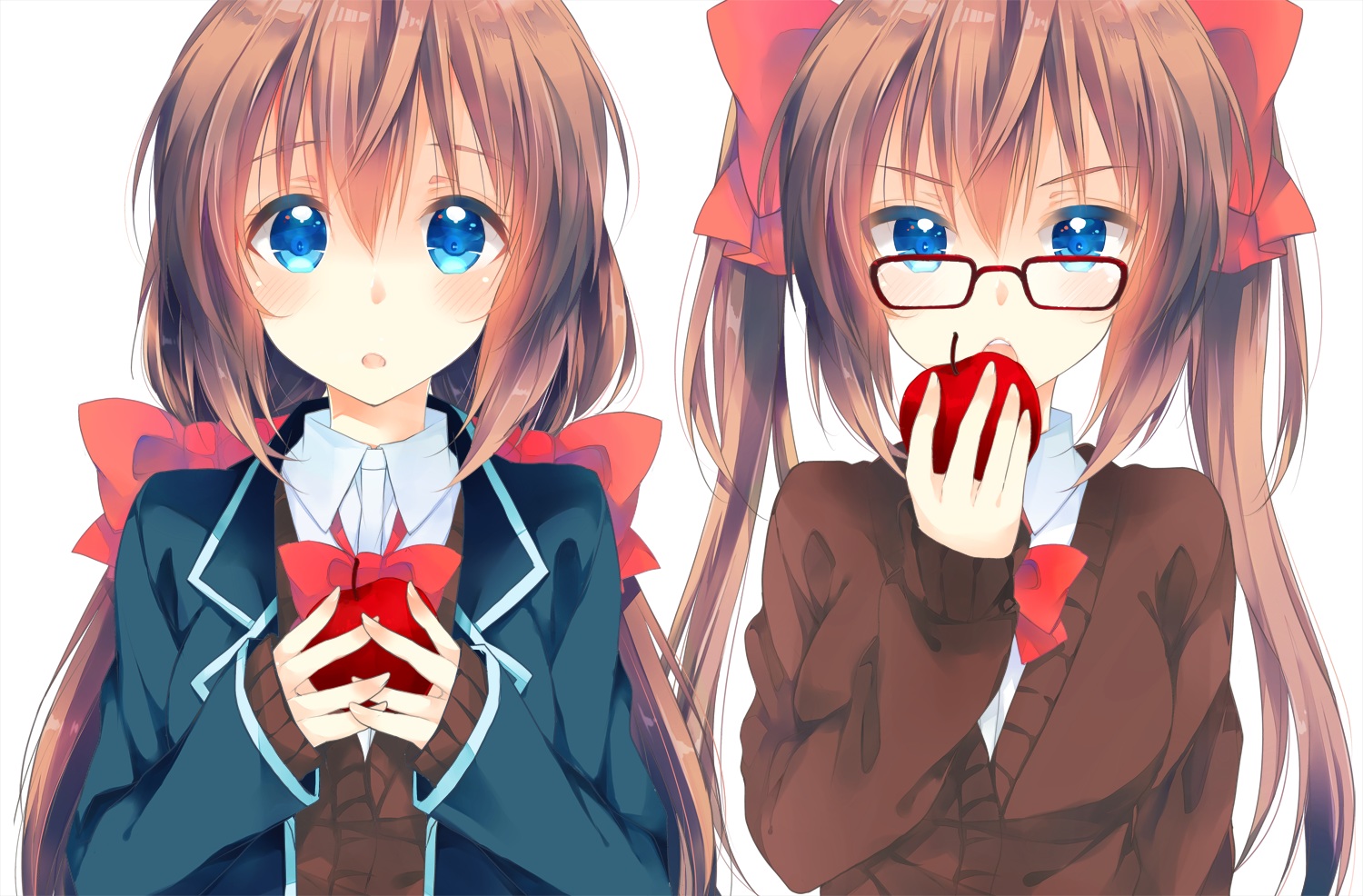 2girls, apple, aqua_eyes, blush, bow, brown_hair, food, fruit, glasses, long_hair, original, peke_(xoxopeke), school_uniform, twintails