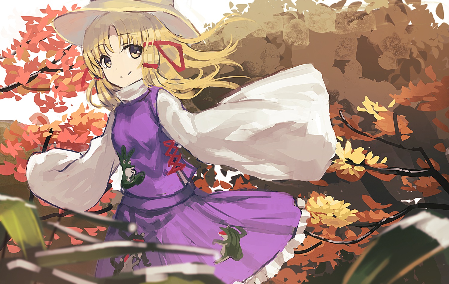 autumn, blonde_hair, dress, hat, long_hair, moriya_suwako, ryokucha_manma, touhou, tree, yellow_eyes
