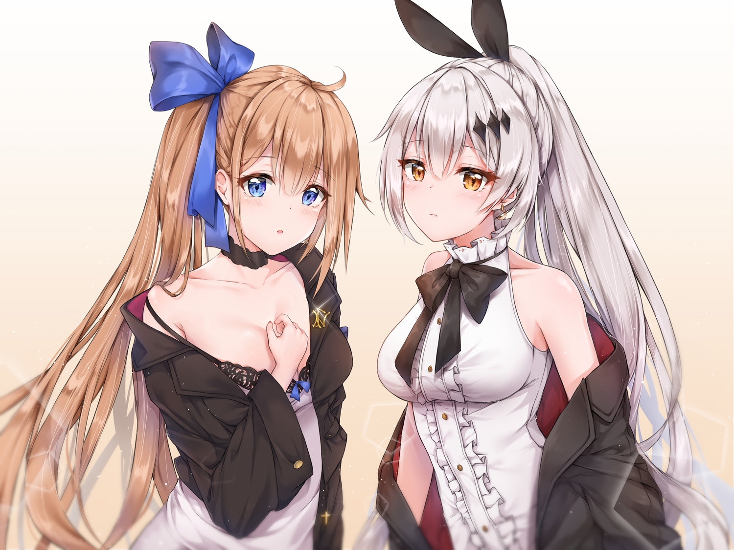 2girls, anthropomorphism, aqua_eyes, blush, bow, bra, braids, breast_hold