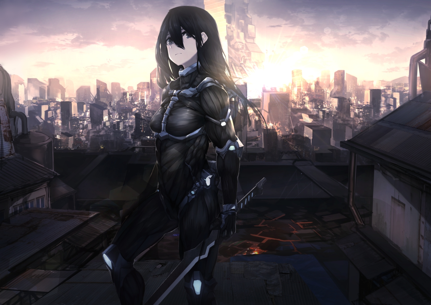 black_eyes, black_hair, bodysuit, building, city, clouds, fixro2n, katana, long_hair, rooftop, skintight, sky, sunset, sword, weapon