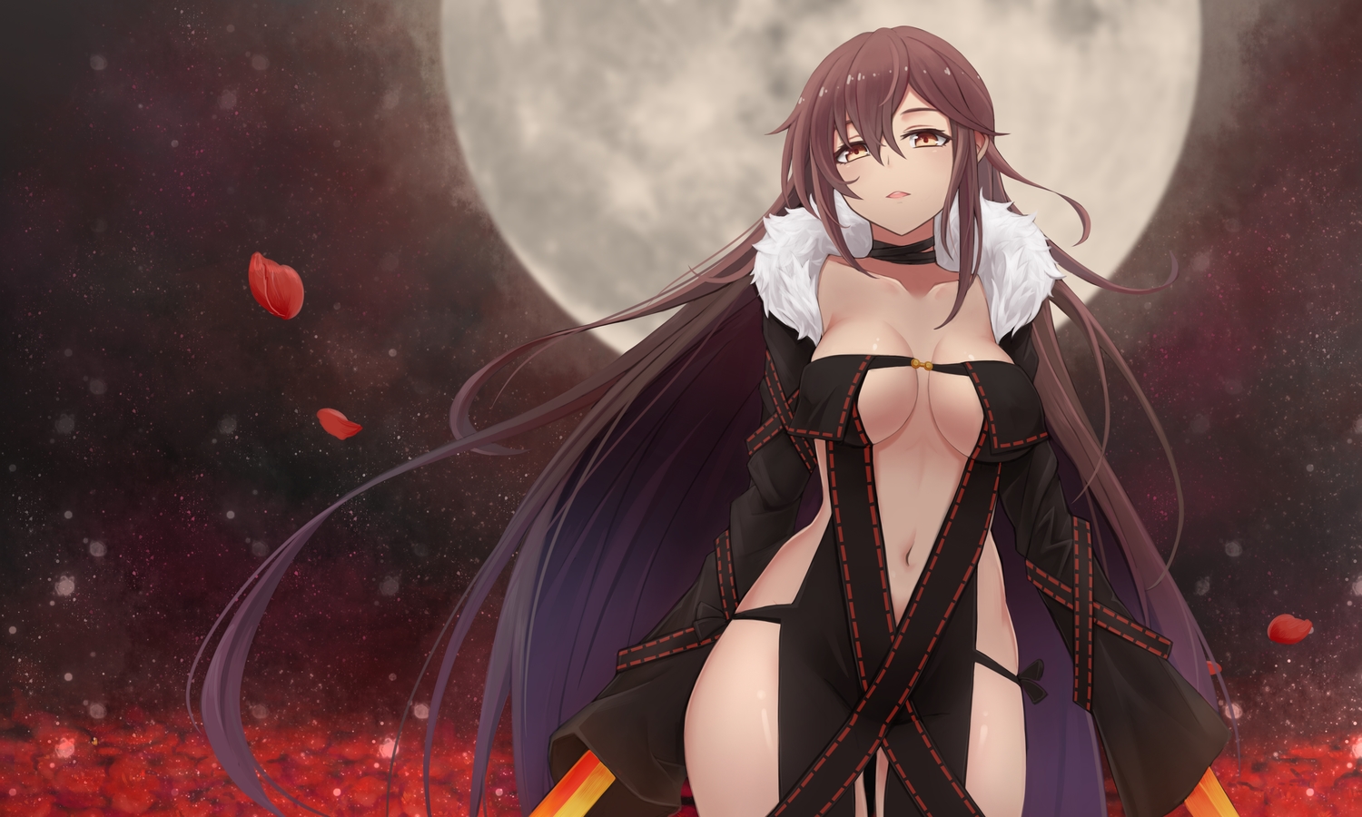 breasts, brown_eyes, brown_hair, choker, consort_yu_(fate), dress, fate/grand_order, fate_(series), flowers, long_hair, moon, navel, night, petals, qiye_luoying, sky, sword, weapon