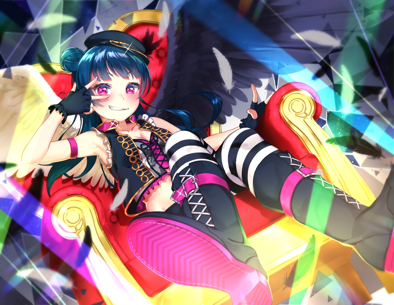 blue_hair, blush, boots, breasts, cleavage, feathers, gloves, hachinatsu