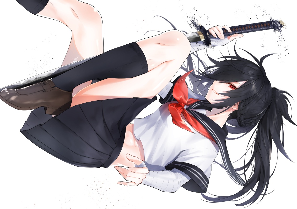 bandage, black_hair, braids, katana, kneehighs, long_hair, navel, original, ponytail, red_eyes, skirt, sword, waka_(shark_waka), weapon, white