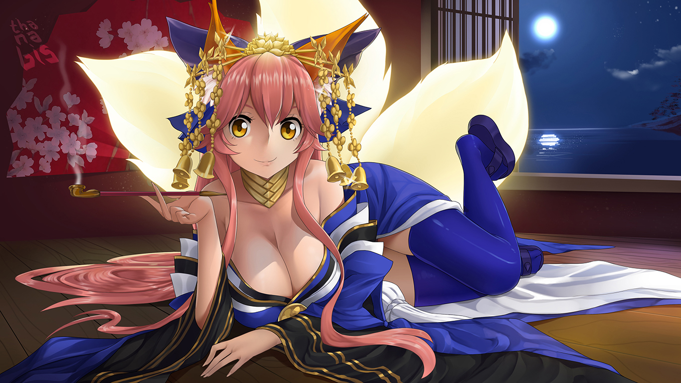 animal_ears, breasts, cleavage, fate/grand_order, fate_(series), foxgirl, headdress, japanese_clothes, long_hair, moon, multiple_tails, night, pink_hair, reflection, sky, smoking, tail, tamamo_no_mae_(fate), thanabis, thighhighs, water, watermark, yellow_eyes