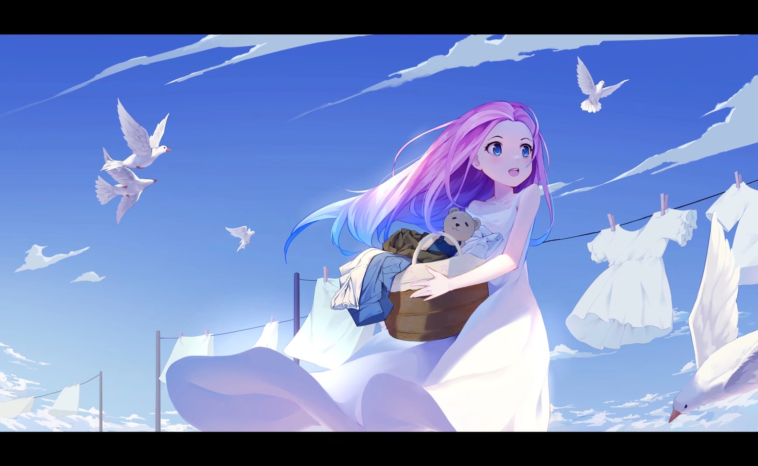 animal, aqua_eyes, bird, clouds, dress, long_hair, original, pekakiu