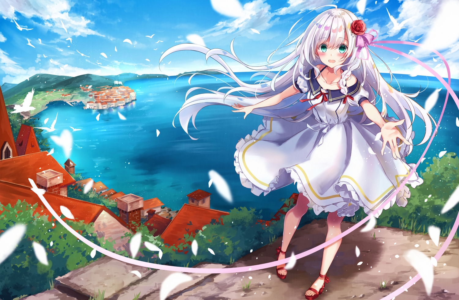 blush, building, city, clouds, dress, green_eyes, kisaragi_yuri, long_hair