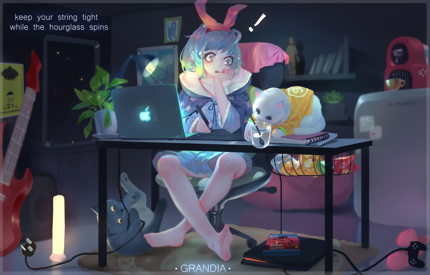 animal, aqua_hair, barefoot, book, cat, computer, dress, game_console