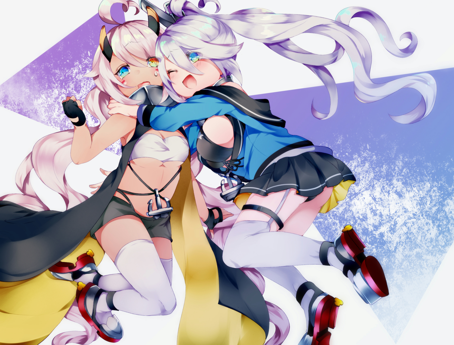 2girls, anthropomorphism, aqua_eyes, azur_lane, bicolored_eyes, breasts, dark_skin, garter_belt
