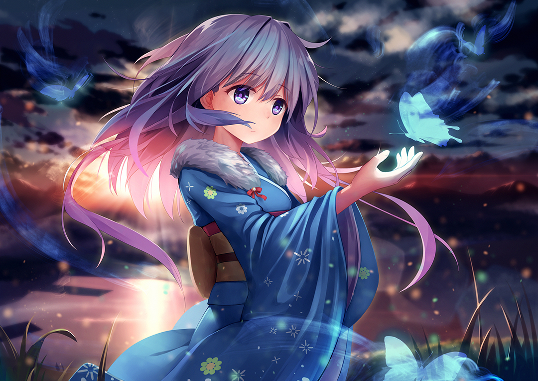 anthropomorphism, butterfly, clouds, grass, japanese_clothes, kimono, long_hair, magic, purple_eyes, purple_hair, sky, sunset, water, xiaoyin_li, yukikaze_(zhanjian_shaonu), zhanjian_shaonu
