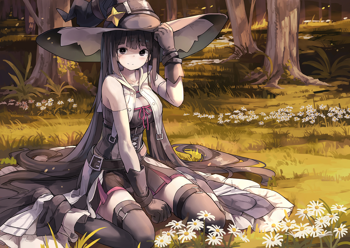 black_eyes, black_hair, breasts, cleavage, corset, flowers, forest, gloves, grass, hat, huanxiang_huifeng, long_hair, original, skirt, thighhighs, tree, witch_hat