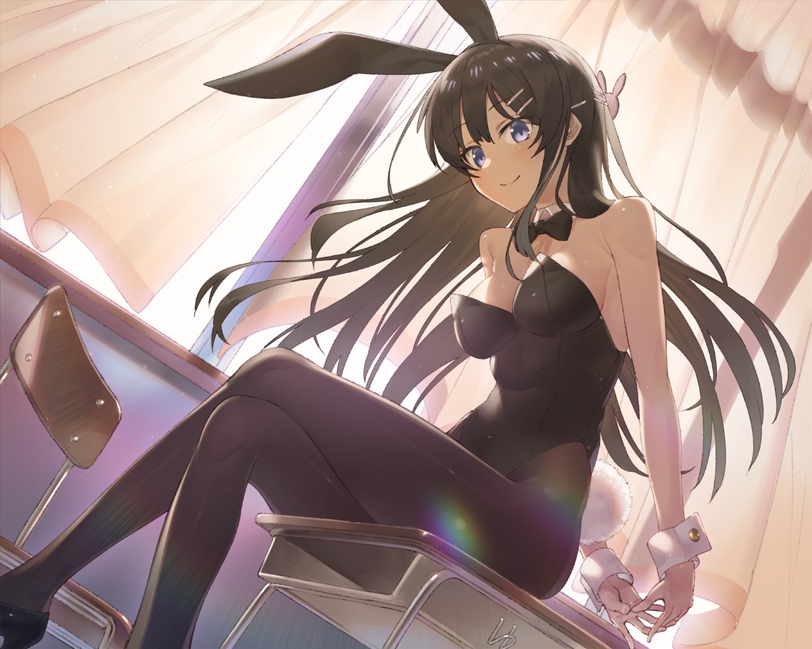 animal_ears, black_hair, bunny_ears, bunnygirl, hayashi_kewi, long_hair, pantyhose, purple_eyes, sakurajima_mai, seishun_buta_yarou, tail, wristwear