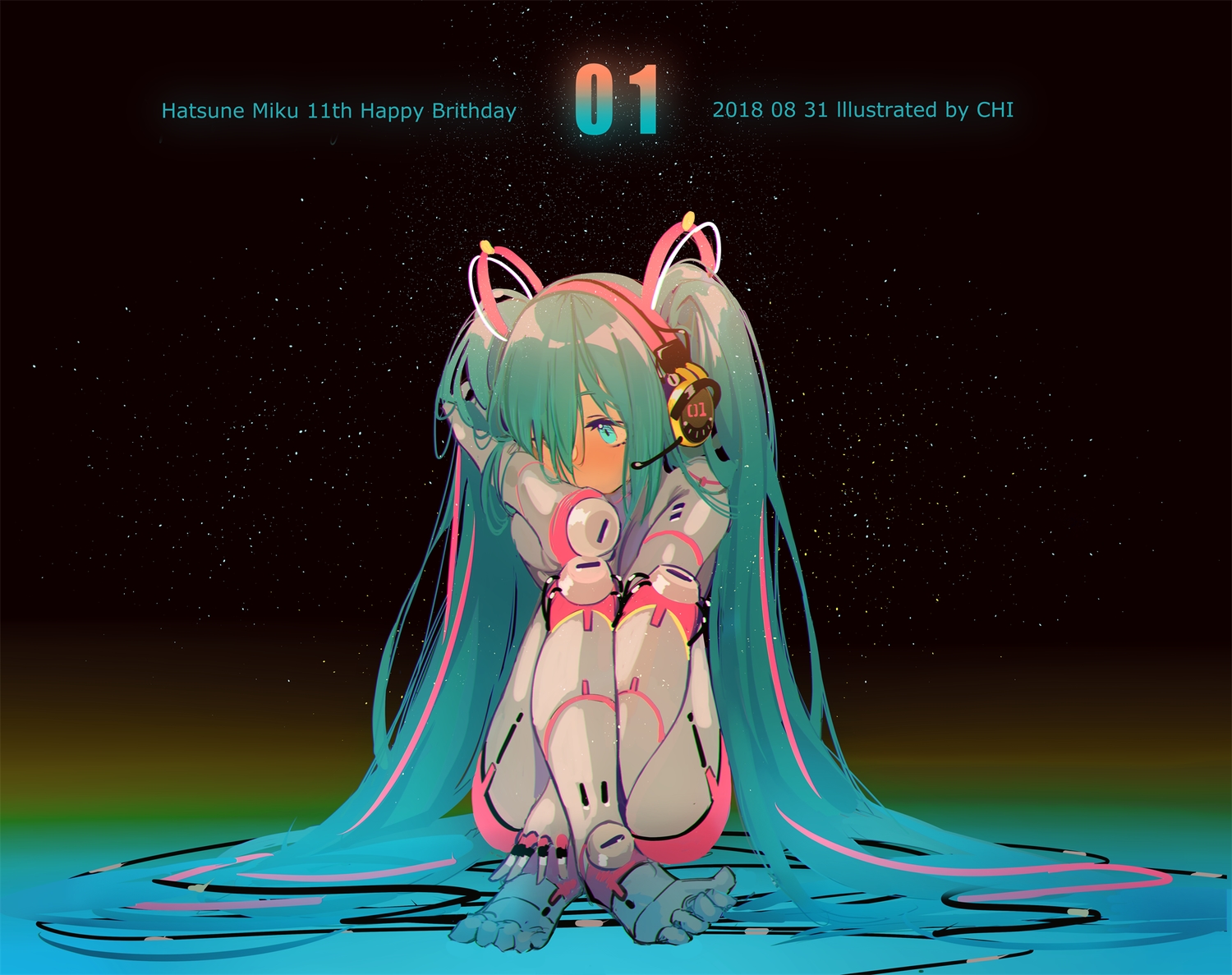 aqua_eyes, bodysuit, gradient, green_hair, hatsune_miku, headphones, long_hair, microphone, stars, twintails, vocaloid, watermark, xiao_chichi