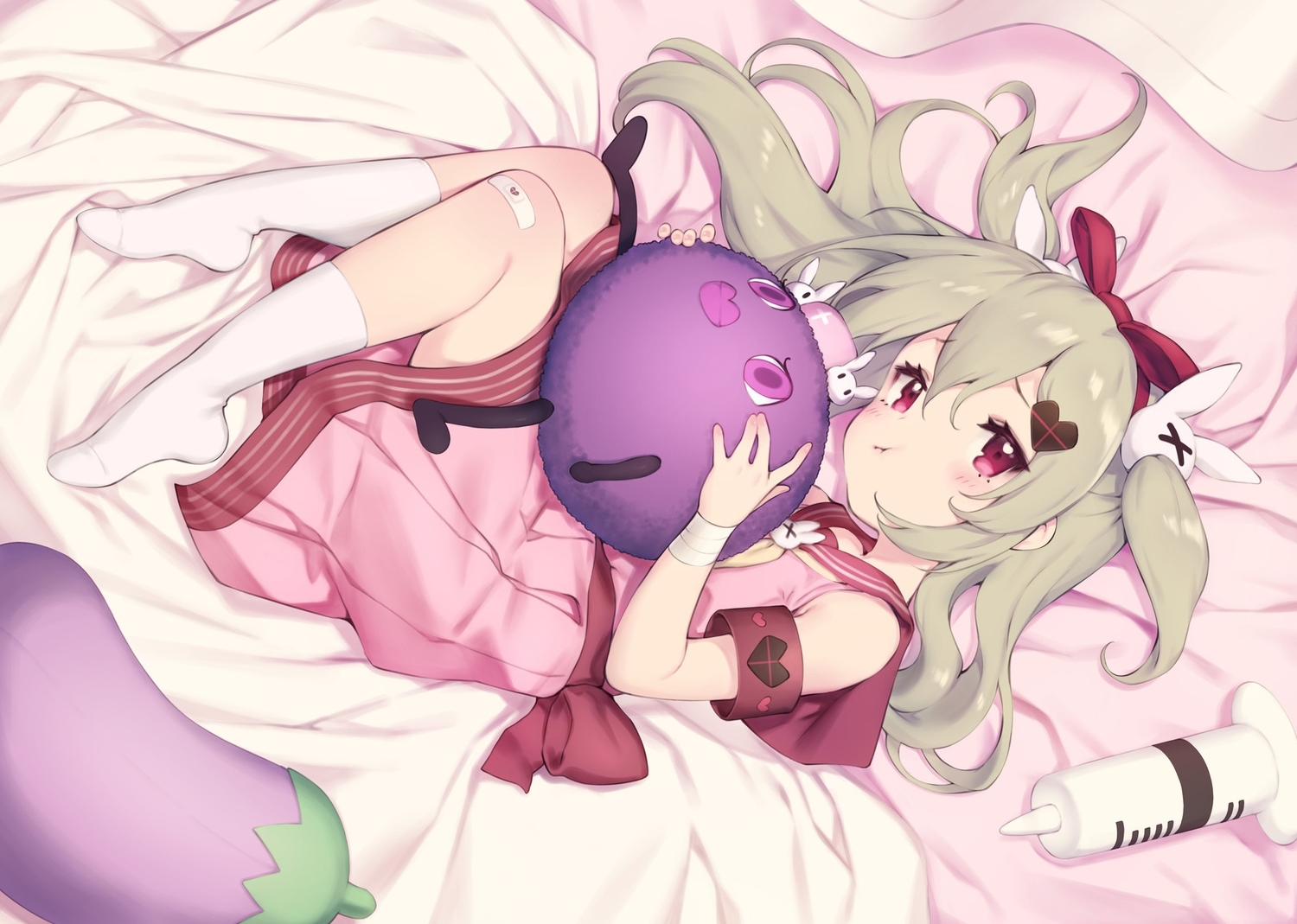 bandaid, bed, dress, gray_hair, headband, kneehighs, loli, long_hair