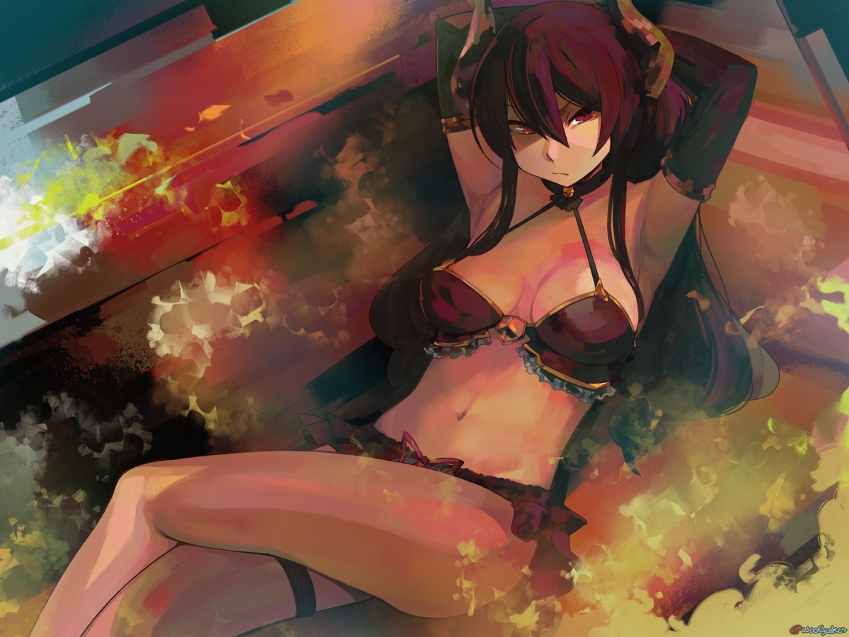 bikini, black_hair, breasts, elbow_gloves, eric_muentes, forte_(shingeki_no_bahamut), garter, gloves