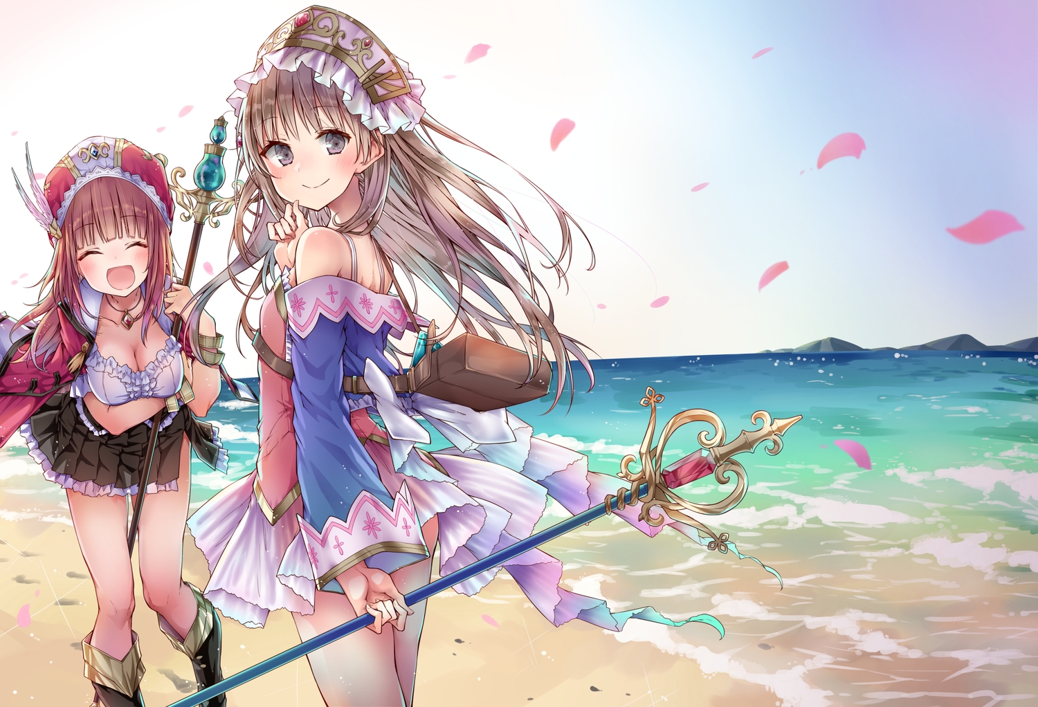 2girls, alt, atelier, atelier_totori, beach, blush, boots, breasts, brown_eyes, brown_hair, cleavage, dress, hat, headdress, long_hair, necklace, petals, red_hair, rororina_fryxell, skirt, sky, staff, totooria_helmold, water, wristwear