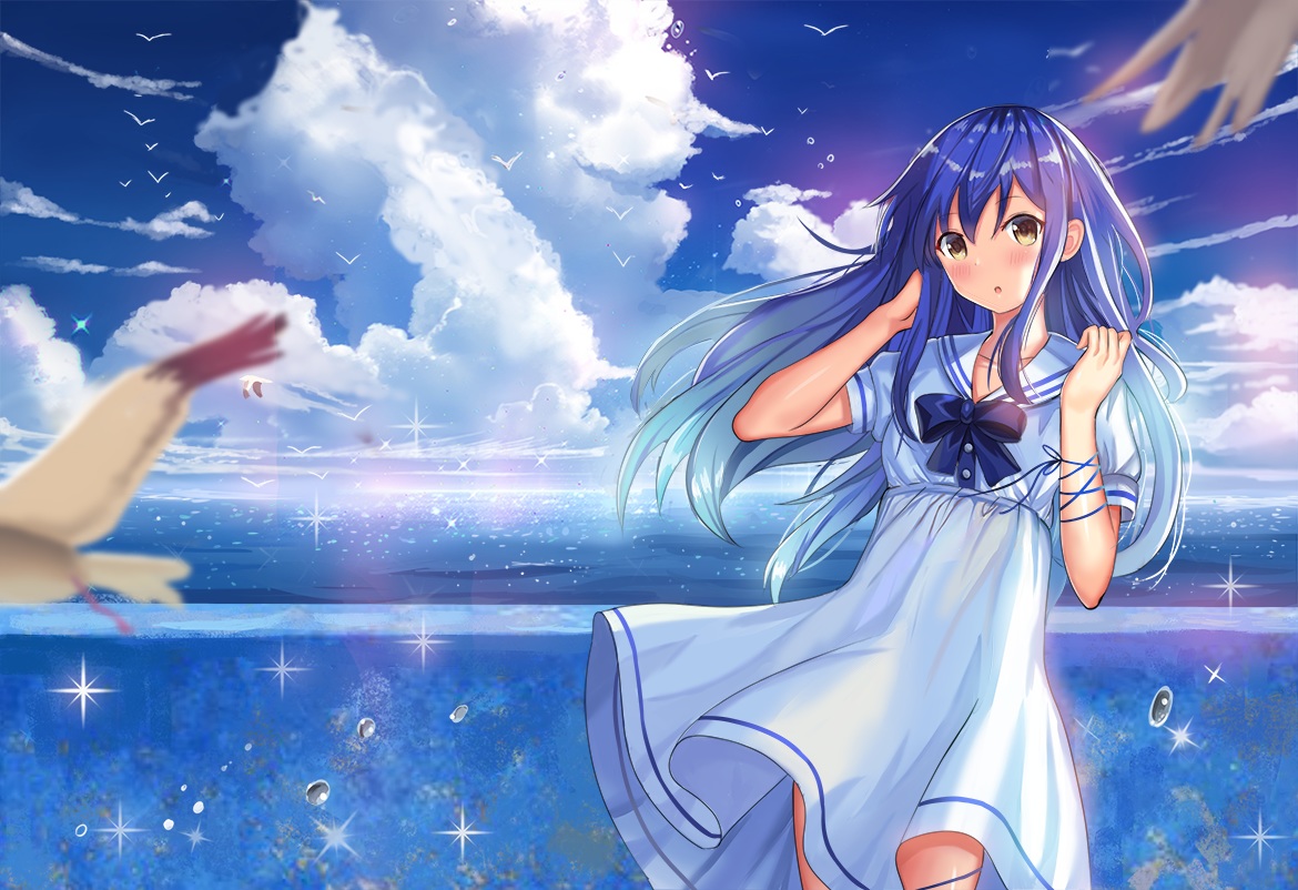 ame_sagari, animal, bird, blue_hair, bow, brown_eyes, clouds, dress