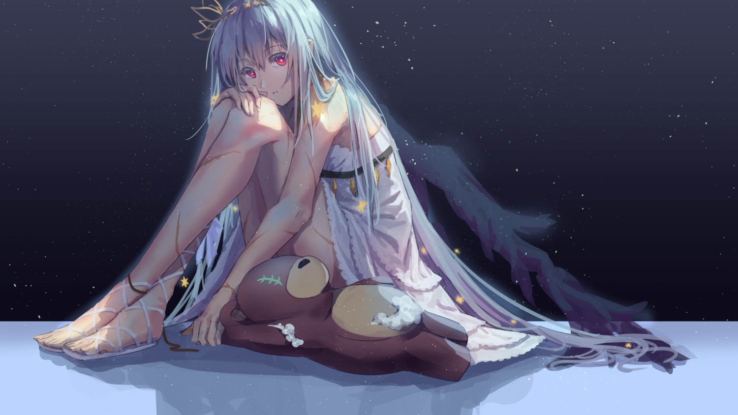 anthropomorphism, dress, girls_frontline, gradient, gray_hair, katee, long_hair, red_eyes, scar, teddy_bear, thunder_(girls_frontline)