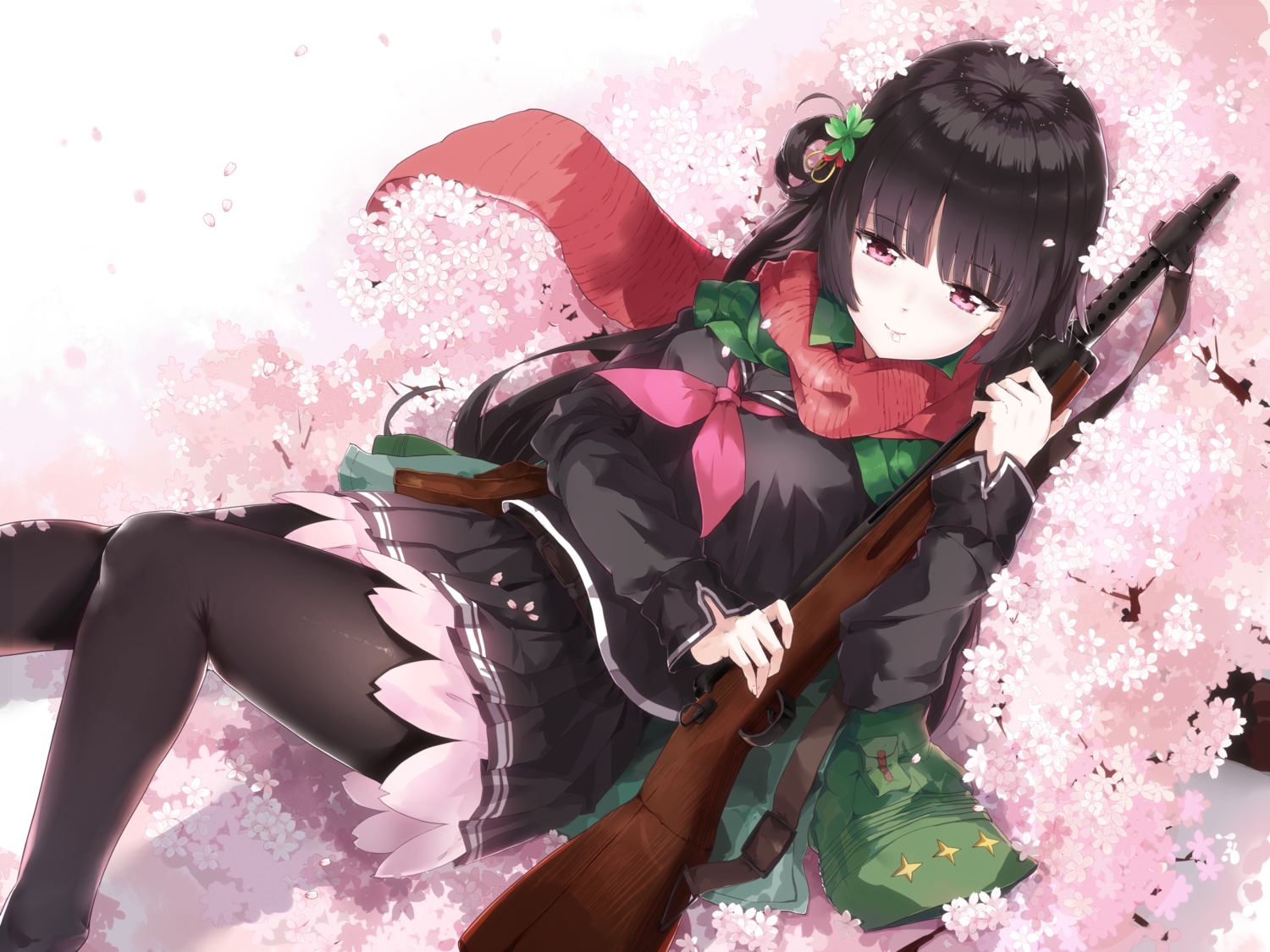 aliasing, anthropomorphism, asahi_kuroi, black_hair, cherry_blossoms, flowers, girls_frontline, gun