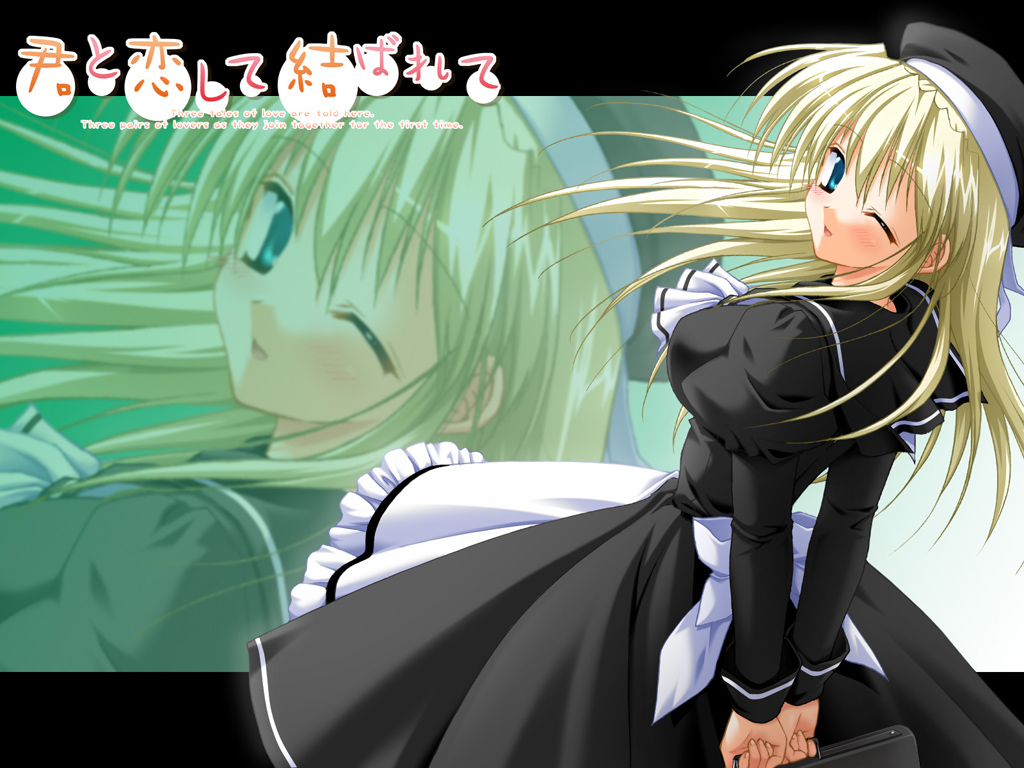 blonde_hair, blue_eyes, blush, bow, dress, hat, kimi_to_koishite_musubarete, koishite, long_hair, wink, zoom_layer