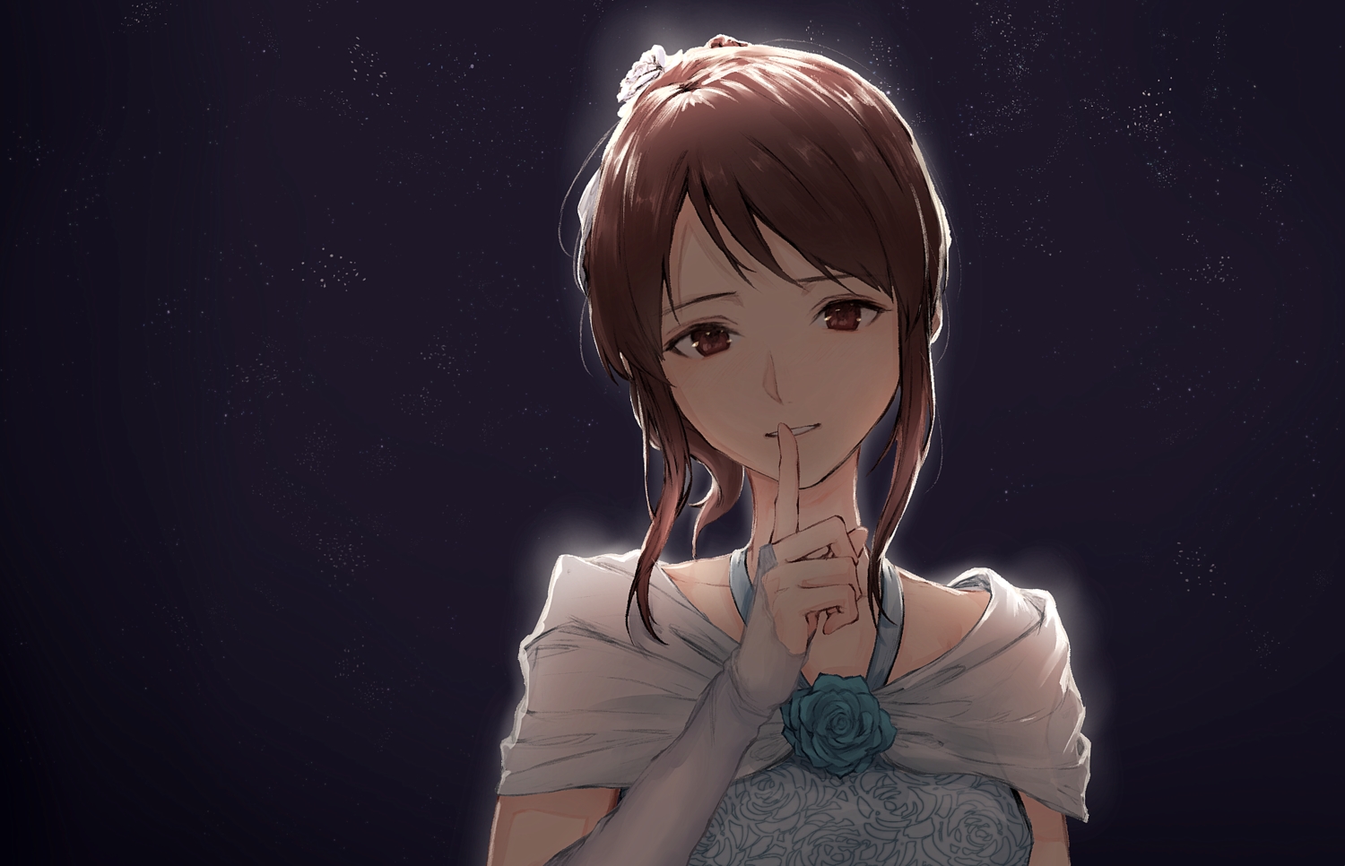 brown_eyes, brown_hair, close, dark, elbow_gloves, gloves, gradient, idolmaster, idolmaster_cinderella_girls, kohzuki_kei, mifune_miyu, short_hair, stars