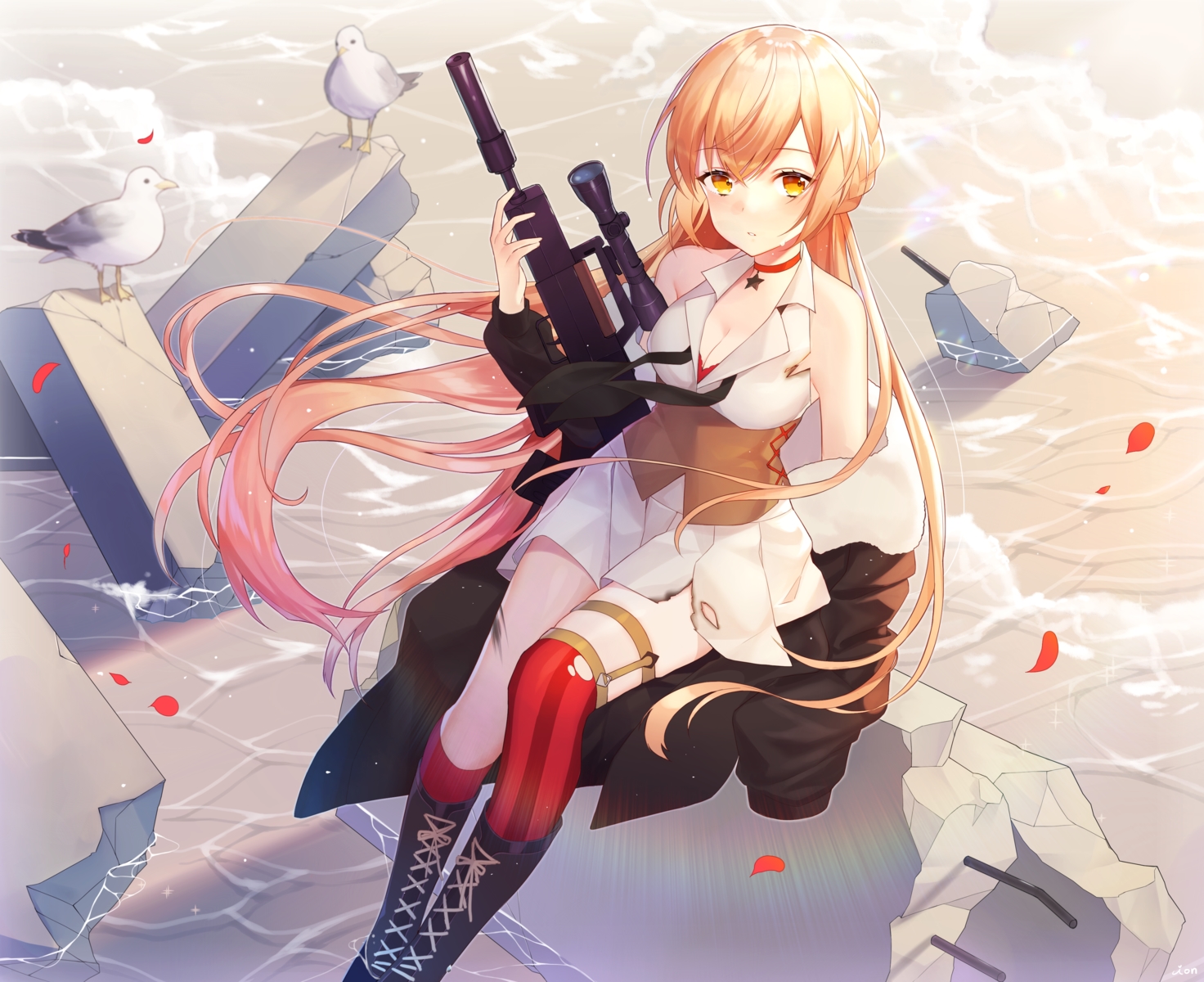 animal, anthropomorphism, bird, blonde_hair, boots, braids, breasts, choker, cleavage, dress, garter, girls_frontline, gun, ion_(on01e), kneehighs, long_hair, orange_eyes, ots-14_(girls_frontline), petals, water, weapon