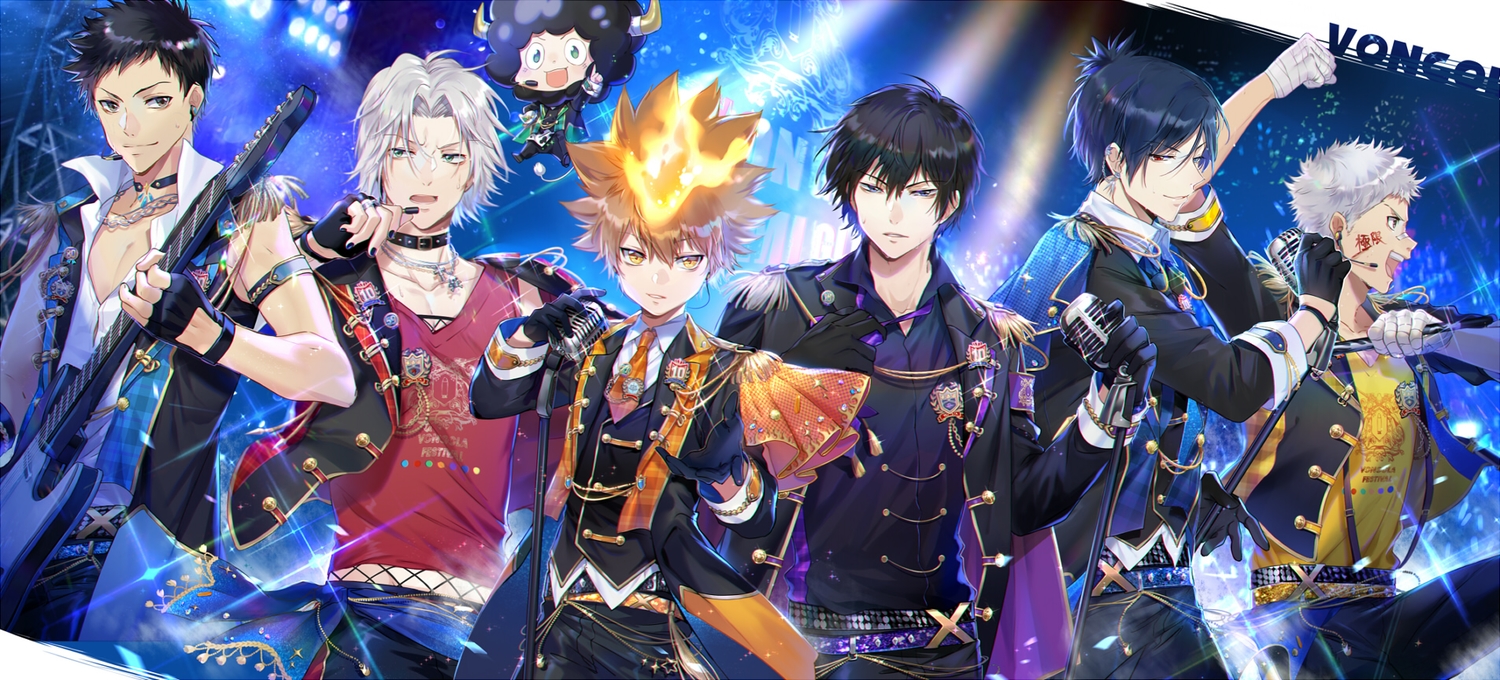 all_male, bandage, black_hair, blue_hair, brown_hair, choker, collar, ekita_kuro, fire, gloves, gokudera_hayato, gray_hair, green_eyes, group, guitar, hibari_kyouya, horns, instrument, katekyou_hitman_reborn, lambo, male, microphone, necklace, orange_eyes, red_eyes, rokudou_mukuro, sasagawa_ryohei, sawada_tsunayoshi, short_hair, tie, uniform, yamamoto_takeshi