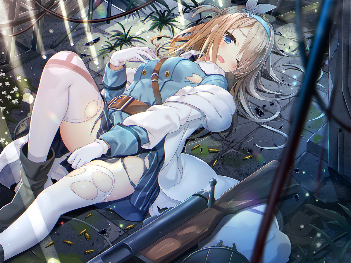 anthropomorphism, aqua_eyes, blonde_hair, girls_frontline, gloves, grass, gun, headband, skirt, suomi_(girls_frontline), thighhighs, torn_clothes, weapon, wink, yano_mitsuki
