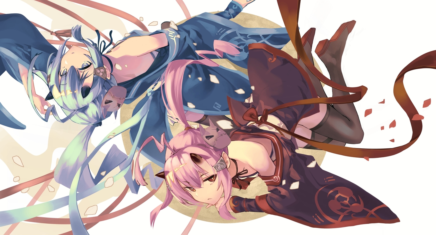 2girls, anthropomorphism, azur_lane, blue_eyes, blue_hair, demon, fujita_(condor), horns