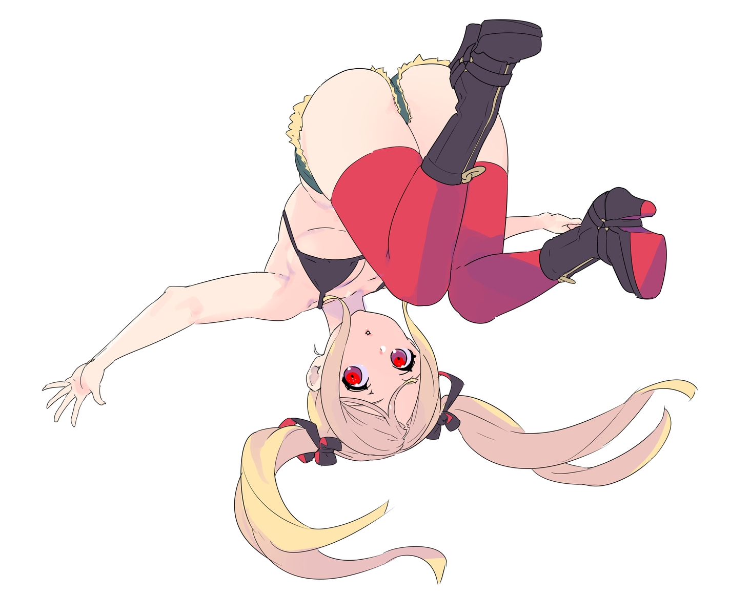 ass, bikini_top, blonde_hair, boots, bow, breasts, long_hair, nagisa_kurousagi, original, red_eyes, ribbons, shorts, sketch, thighhighs, twintails, white