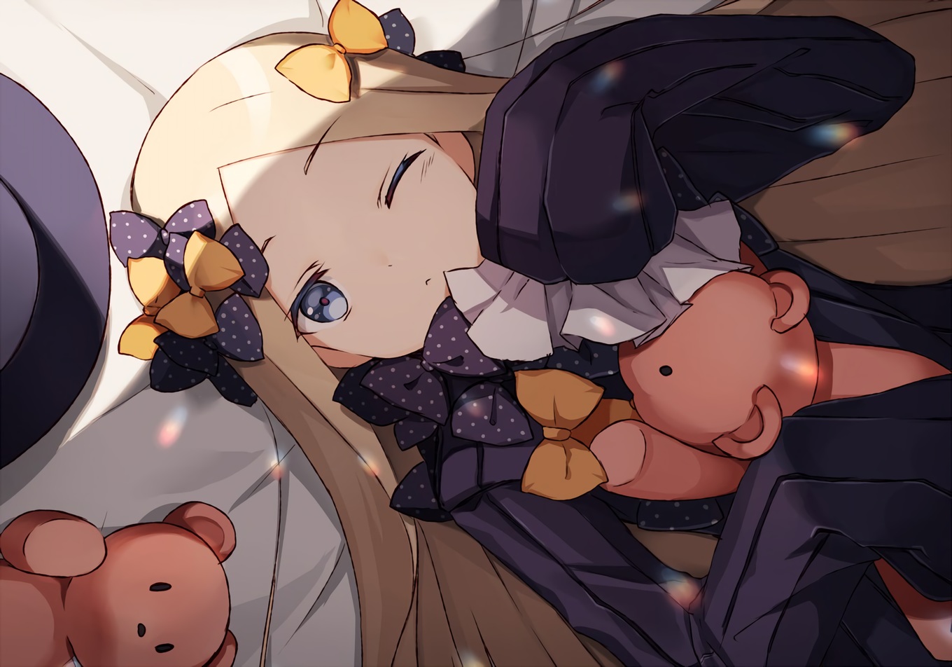 abigail_williams_(fate/grand_order), bed, blonde_hair, blue_eyes, bow, dress, fate/grand_order, fate_(series)