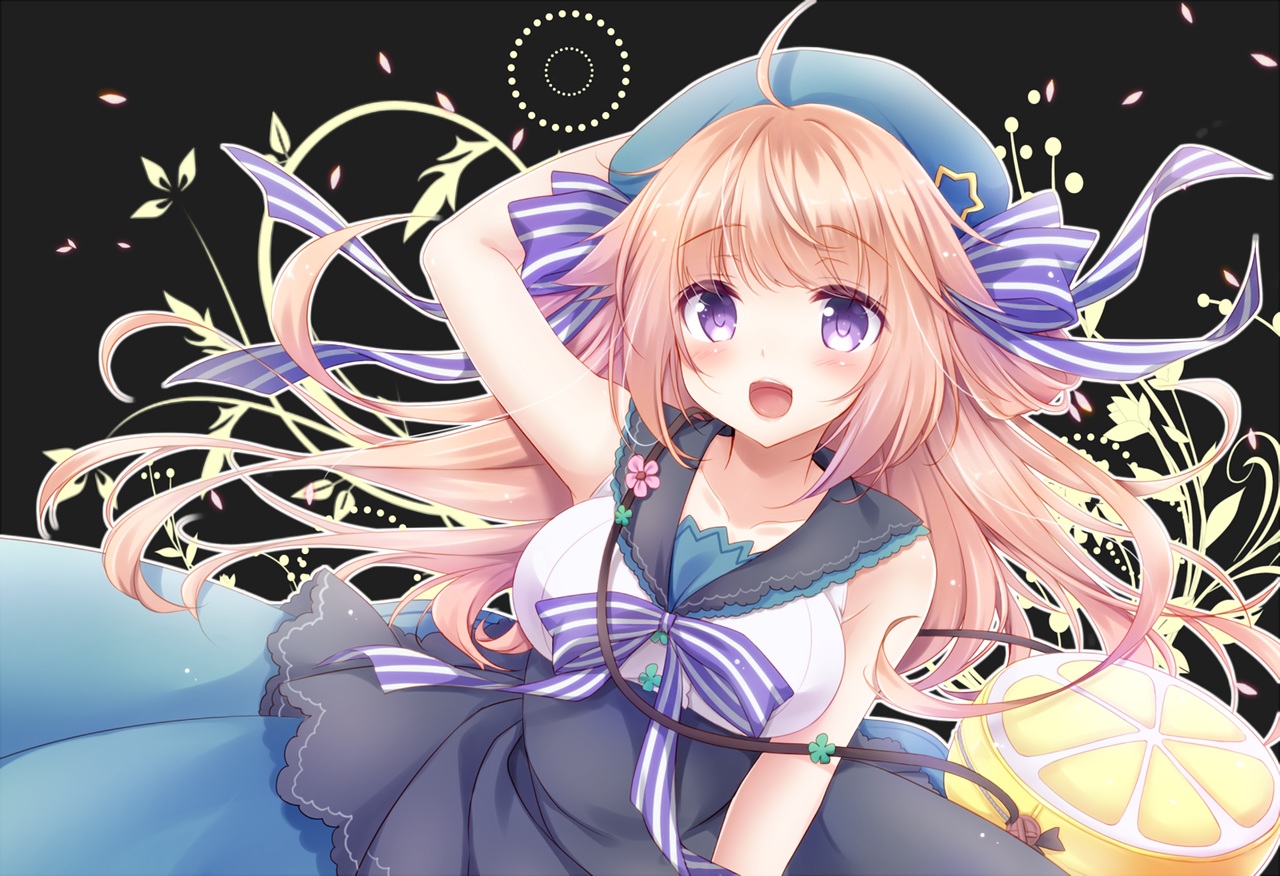 black, blonde_hair, blush, bow, breasts, dress, hat, long_hair, minakami_rinka, original, purple_eyes, ribbons, waifu2x