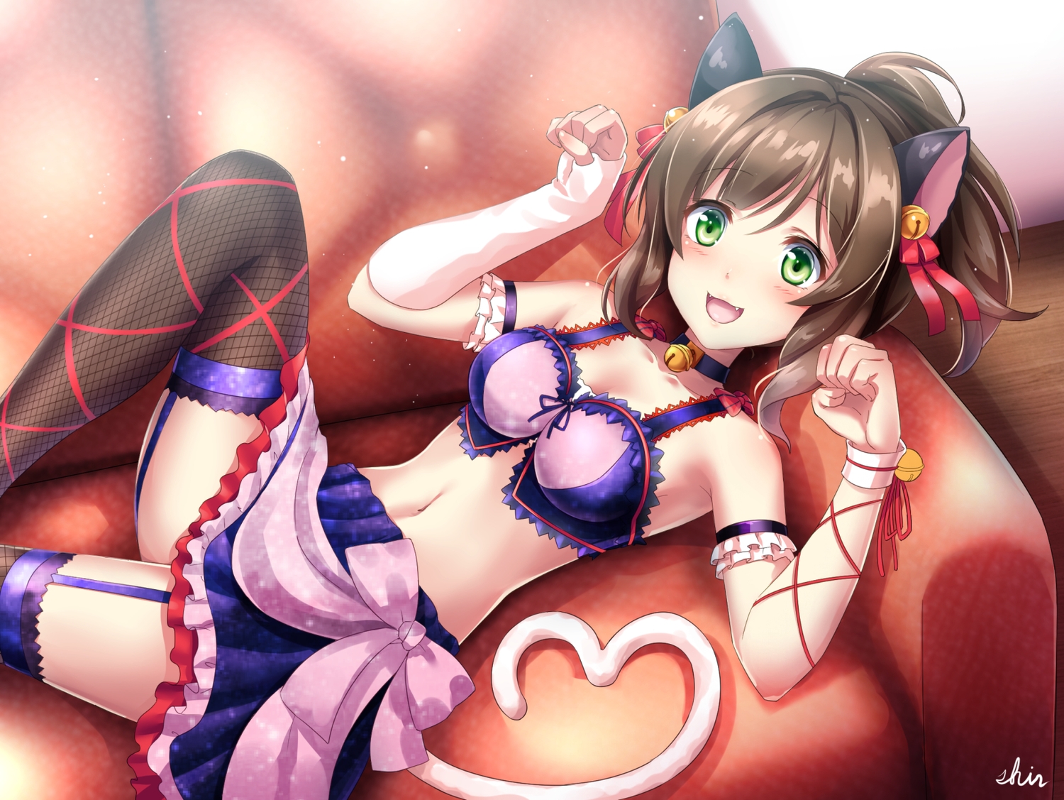 animal_ears, bell, bow, breasts, brown_eyes, catgirl, garter_belt, green_eyes