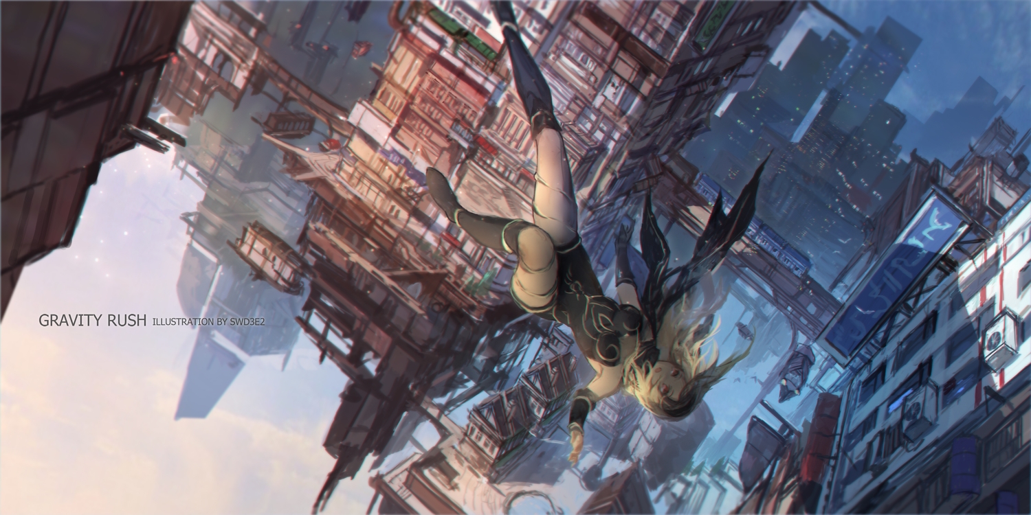 blonde_hair, building, city, gravity_daze, kat_(gravity_daze), long_hair, red_eyes, swd3e2