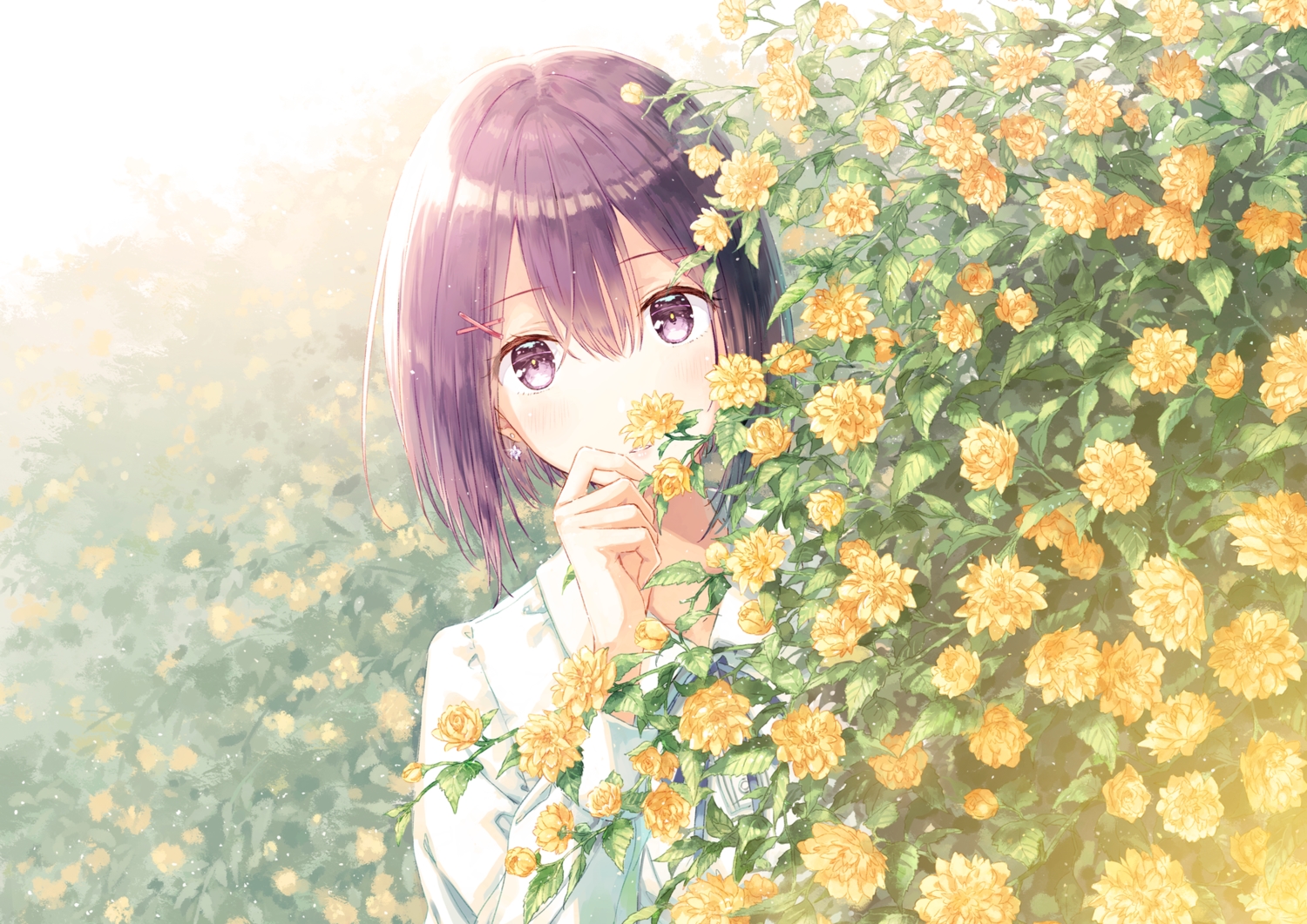 flowers, hiten_(hitenkei), original, purple_eyes, purple_hair, short_hair