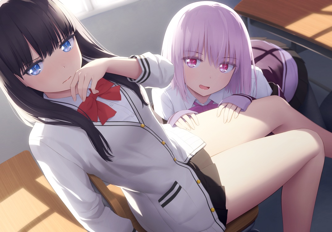 2girls, black_hair, blue_eyes, bow, haribote_(tarao), long_hair, pantyhose, pink_eyes