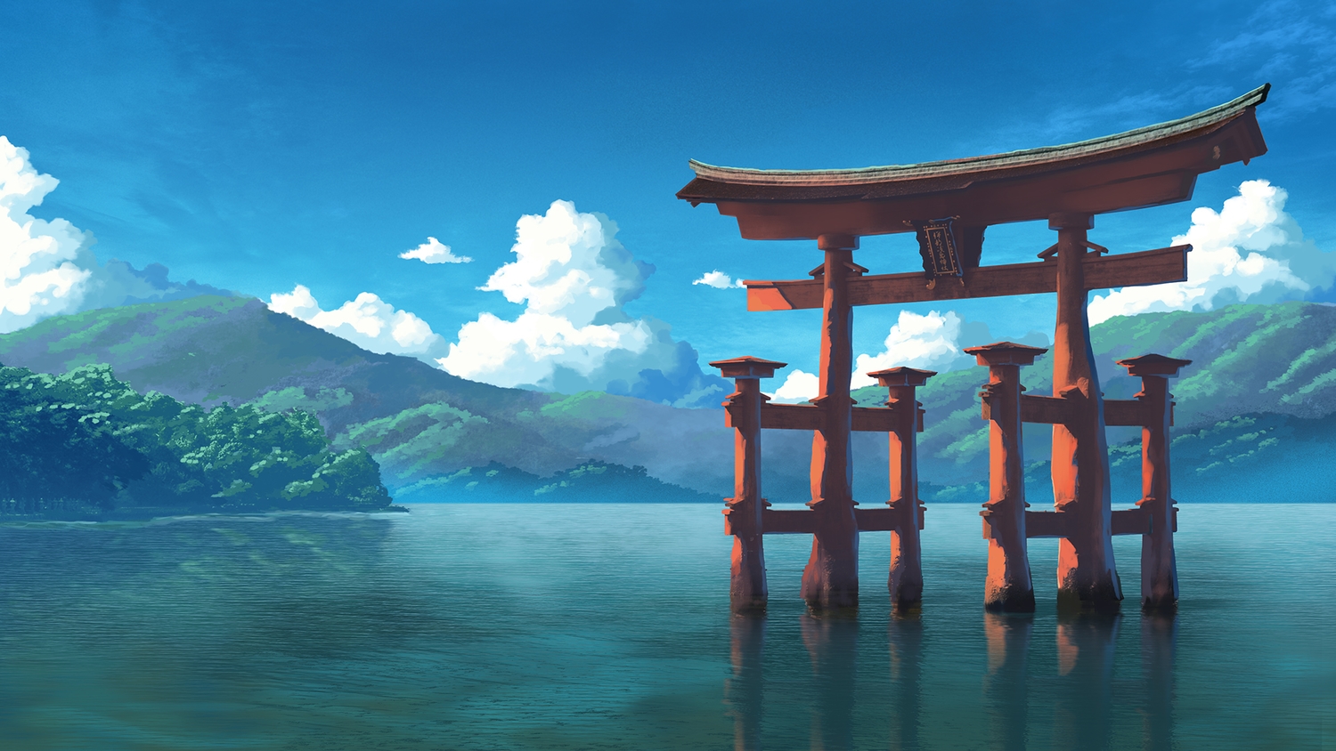 badriel, clouds, no_humans, original, reflection, scenic, sky, torii, tree, water