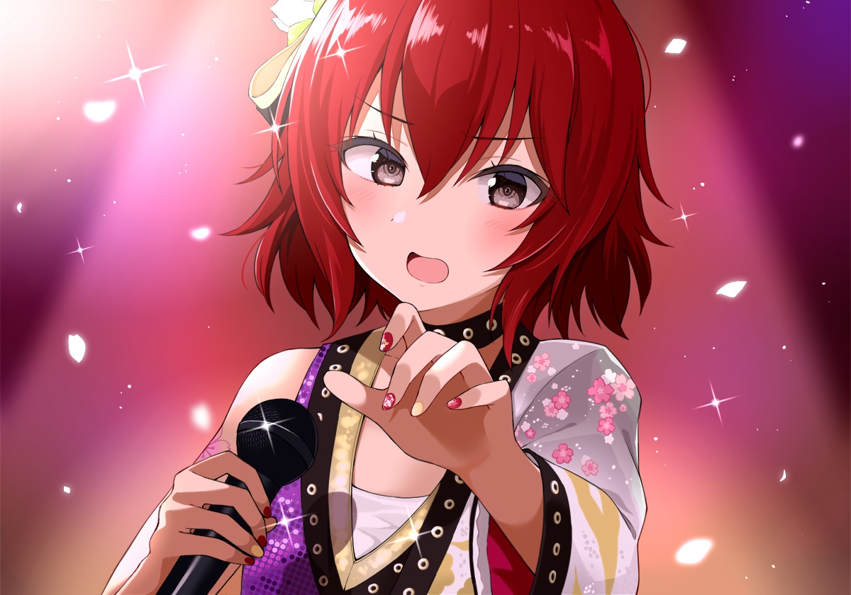 blush, brown_eyes, close, gomashi_(goma), idolmaster, idolmaster_cinderella_girls, microphone, murakami_tomoe, petals, red_hair, short_hair