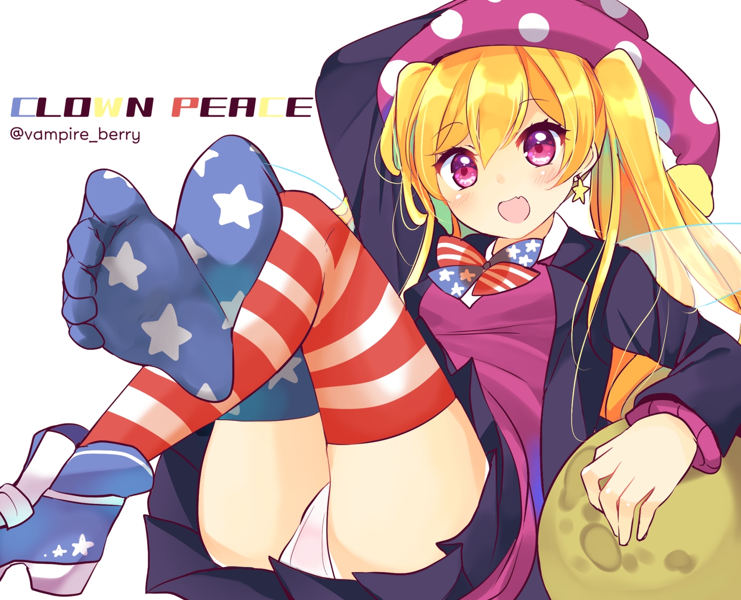 blonde_hair, blush, bow, clownpiece, fairy, fang, hat, long_hair, moon, ougi_hina, panties, purple_eyes, school_uniform, skirt, thighhighs, touhou, twintails, underwear, watermark, wings