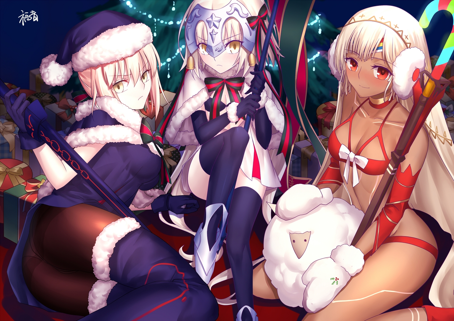 artoria_pendragon_(all), ass, attila_(fate/grand_order), bell, bikini_top, blonde_hair, bow, cape, christmas, dark_skin, dress, elbow_gloves, fate/grand_order, fate_(series), gloves, gogatsu_fukuin, hat, headdress, jeanne_d'arc_alter, jeanne_d'arc_alter_santa_lily, jeanne_d'arc_(fate), loli, long_hair, orange_eyes, panties, pantyhose, saber, saber_alter, santa_costume, santa_hat, short_hair, signed, sword, tattoo, thighhighs, underwear, weapon, yellow_eyes